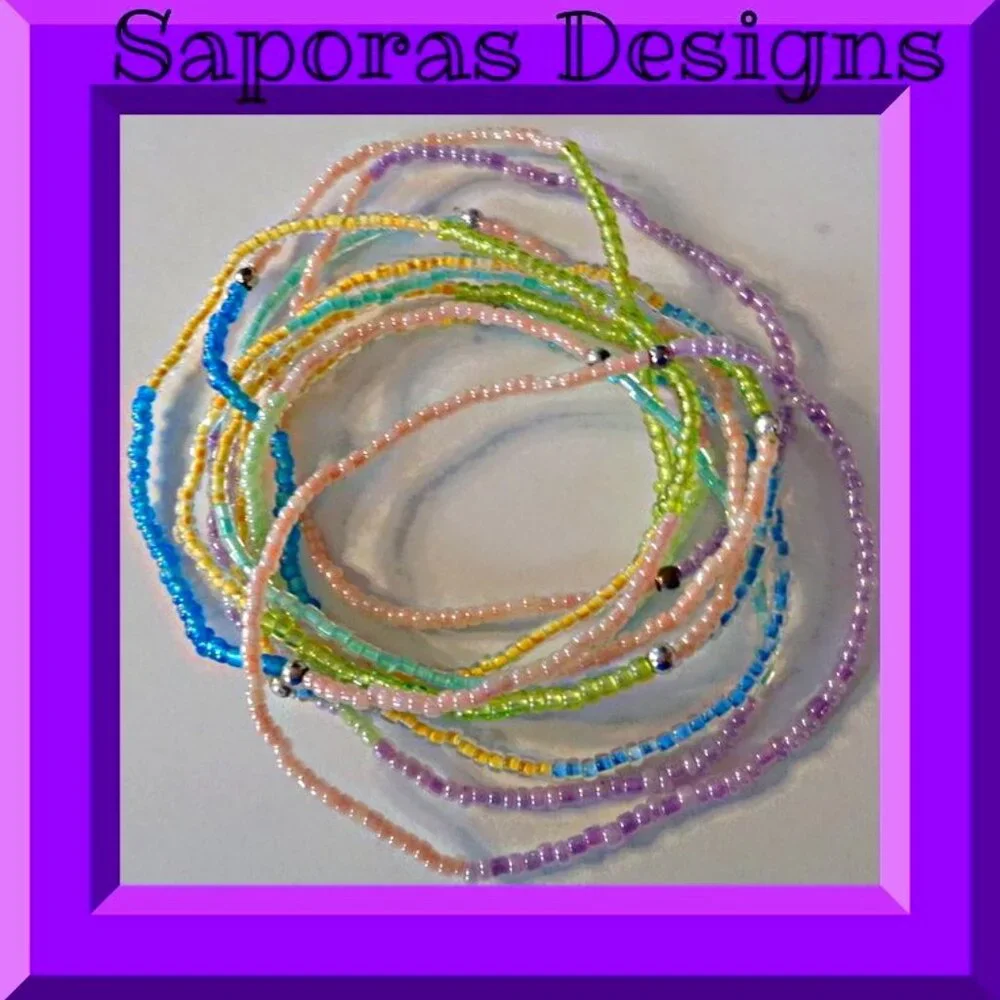 Set Of (10) Ten Colorful Beaded Bracelets Elastic Stretchable Fits Most Wrist